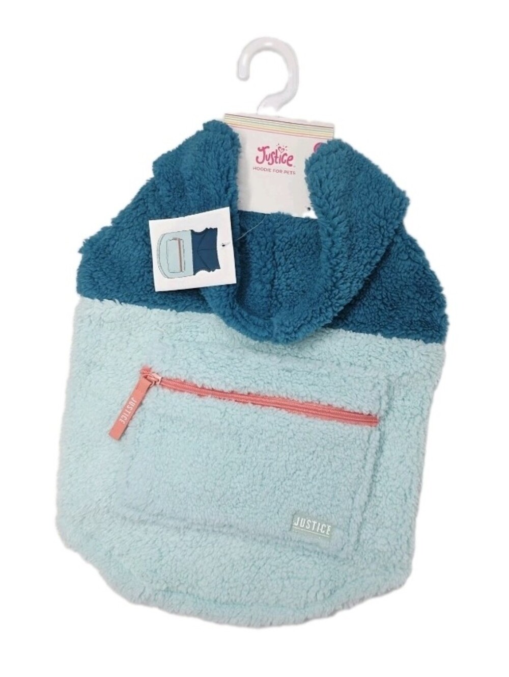 Justice Fleece Sherpa Pet Hoodie with Zipper Pocket Torquoise Blue, Dog Size M